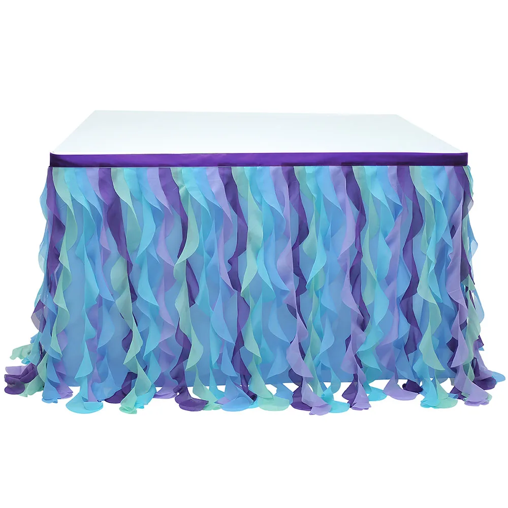 

Curly Spliced Rainbow Table Skirt Wavy Tulle Wedding Decoration First Britday Mermaid Party Table Cloth Wicker Christmas Decor