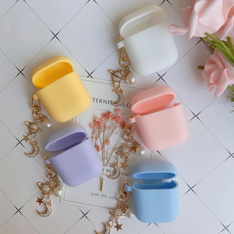 

Cute Korean Luxury Case for Apple Airpods 1 2 Cover Bluetooth Wireless Earphone Cover Diamond Star Moon Pandent Decor Keyring