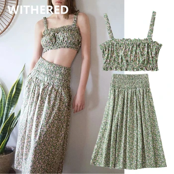 

Dave&Di ins blogger summer t shirt women strapless harajuku tshirt Camisole high waist midi long skirt women faldas 2pieces sets