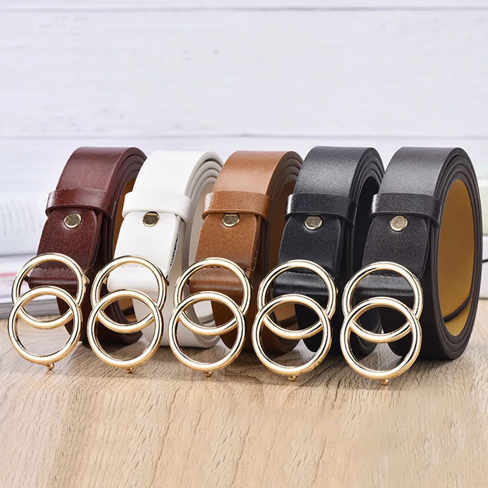 

105cm Women Wild Strap Belts Casual Solid Double Ring Circle Buckle Girl Belt Jeans Dress PU Leather Waistband