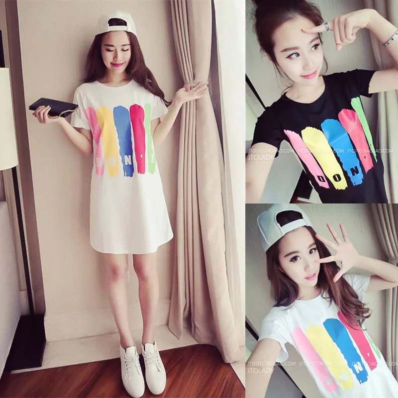 

2018 Summer New Style South Korea Printed Short-sleeved round Collar T-shirt Mid-length Dress WOMEN'S Dress