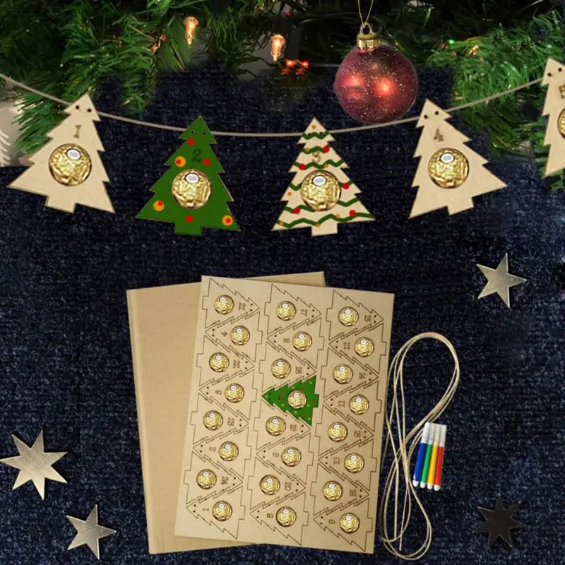 

24 Hanging Wooden Tree Chocolate Stand Christmas Advent Calendar DIY Banners DXAF