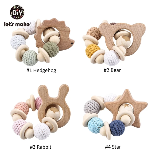 Let's Make 1PC Wooden Teether Hedgehog Crochet Beads Wood Crafts Ring Engraved Bead Baby Teether Wooden Toys For Baby Rattle 2