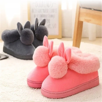 

Cute Rabbit Ears Soft Furry Fur Fluffy Slippers Plush Velvet Home Slipper Indoor Winter Shoes Footwear Women House Slippers