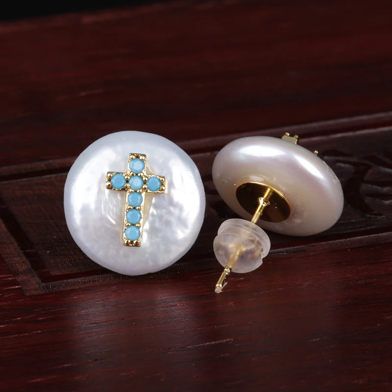 

mint green turquoise cz paved tiny cross religious charm natural coin freshwater pearl bead charms button stud earring for women