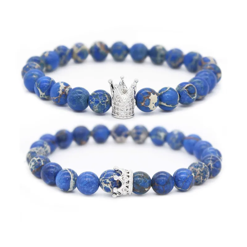 Poshfeel 8Mm Blue Natural Stone Couple Bracelets His And Hers Cz Crown King Charm Bracelet For Lovers Mbr170303 | Украшения и