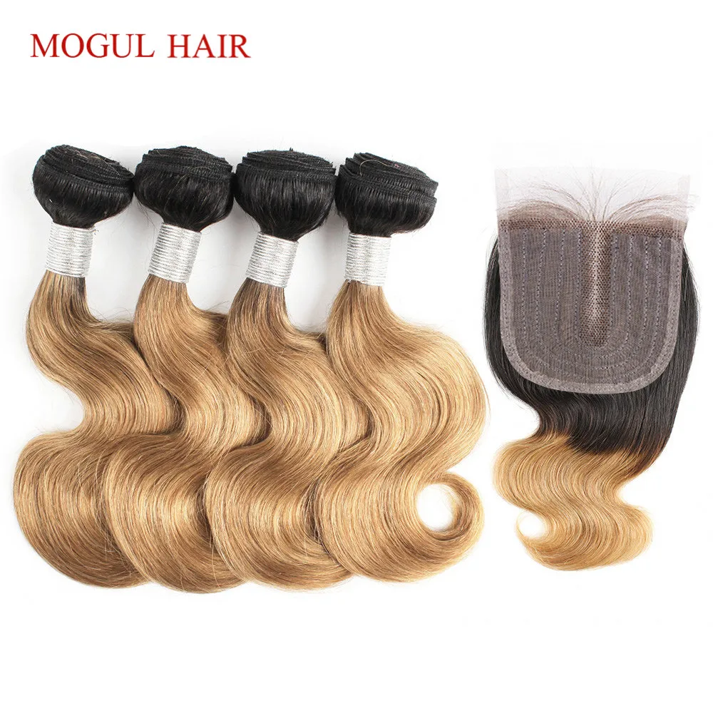 MOGUL HAIR 50g/pc 4 Bundle with Lace Closure T 1B 27 Brazilian Body Wave Ombre Honey Blonde Brown Black Bundles Remy Human Hair