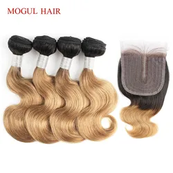 MOGUL HAIR 50g/pc 4 Bundle with Lace Closure T 1B 27 Brazilian Body Wave Ombre Honey Blonde Brown Black Bundles Remy Human Hair