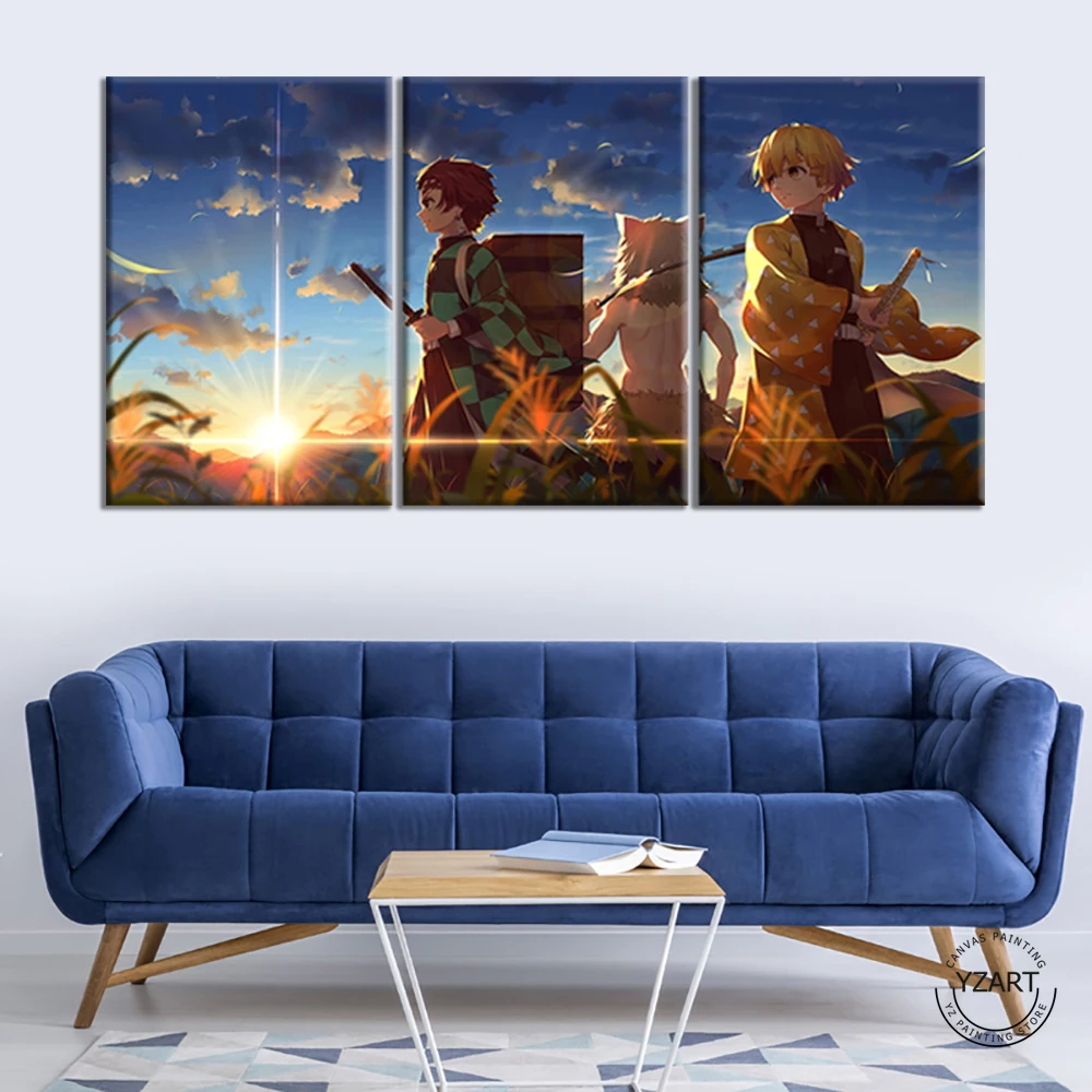 

3pieces Demon Slayer Anime Poster Beautiful Landscape Blue Sky and Sunset Cartoon Picture Prints on Canvas Bedroom Decor