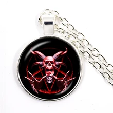  Bronze Pentagram Pendant Necklaces Red Goat Glass Cabochon Sweater Chain Jewelry Satanism Gothic Jewelry Collier Femme Gift 