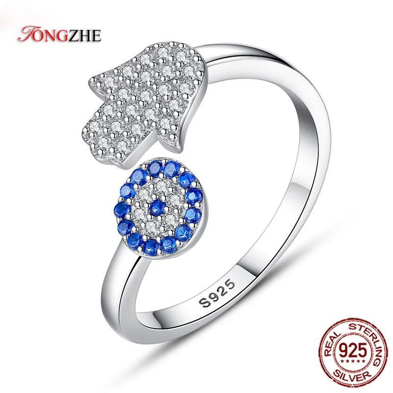 

TONGZHE 925 Sterling Silver Evil Eye Ring Blue Eye Hamsa Hand Fatima Adjustable Female Rings Open Ring Women Wedding Jewelry