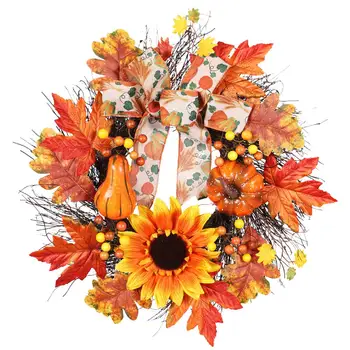 

Artificial Sunflower Wreaths Bowknot Pumpkin Door Hanging Garland Wreath For Halloween Christmas Decoration