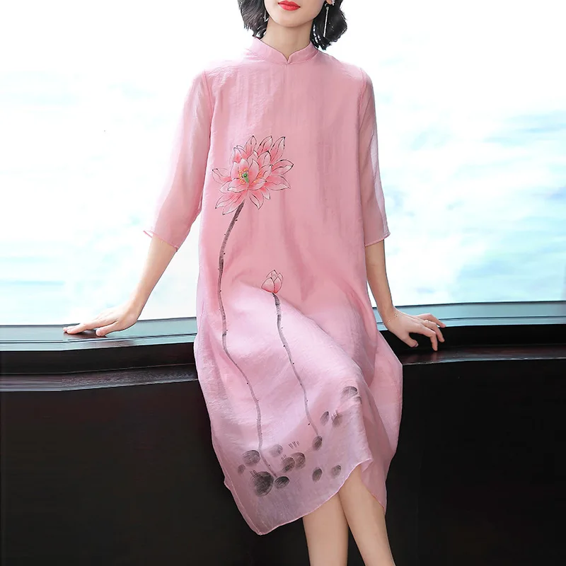 

Pink Dress Women's 2020 Spring New Style Chinese-style Improved Cheongsam Stand Collar Elegant Nobility Mid-length Skirt