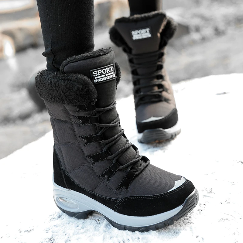 TUINANLE Boots Women Quality Waterproof Winter Keep Warm Mid Calf Snow Boots Ladies Lace up Comfortable Boots Chaussures Femme