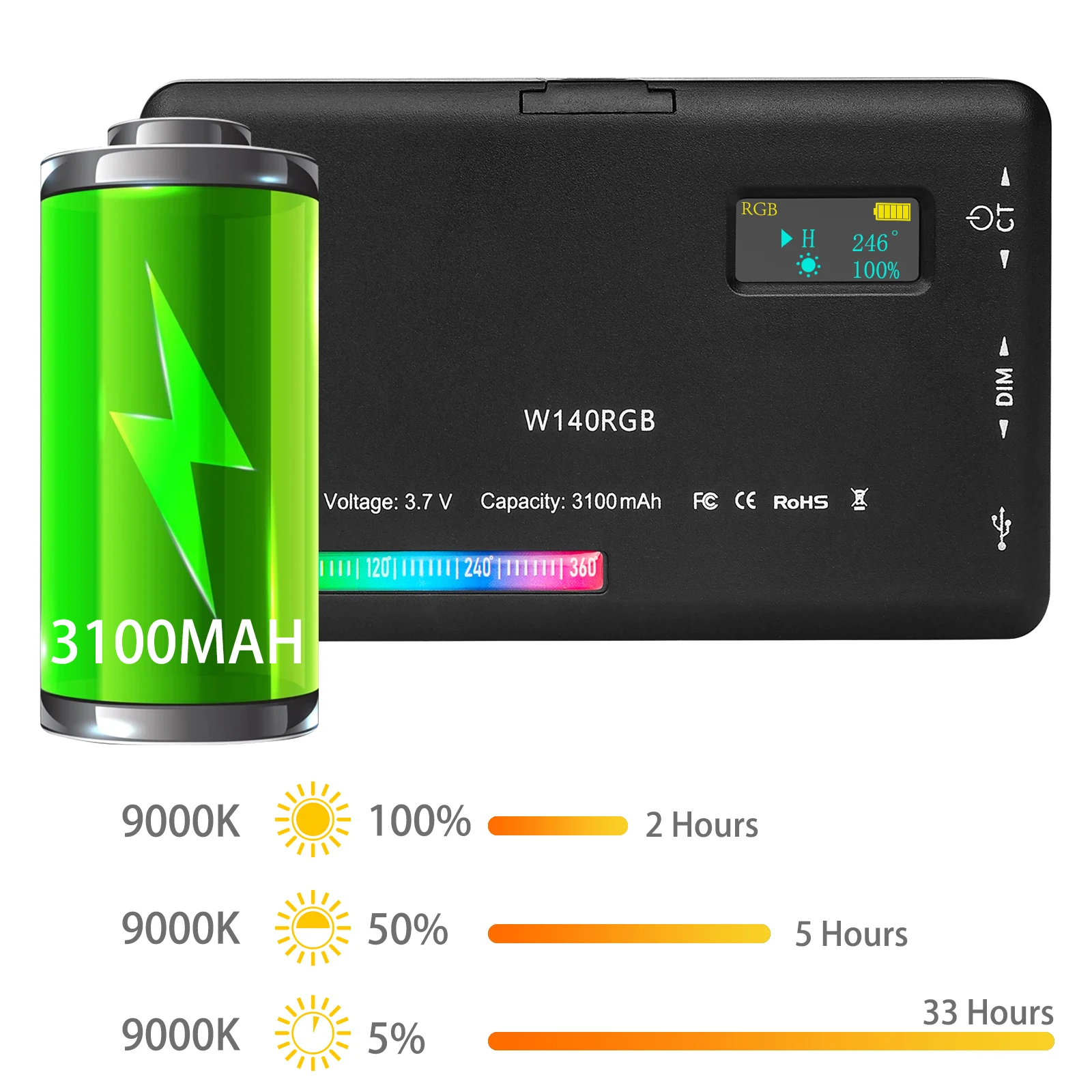 Luzes de Vídeo 2500 a 9000k Luxceo Fotografia Acessórios Câmeral Luz 8w 3100mah Led Painel Bolso Tamanho Lâmpada Regulável W140 Rgb - Image 4