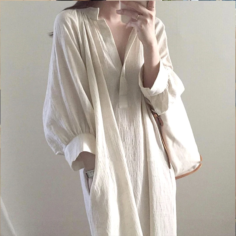 

Vintage Loose Dress Women Half Sleeve v Neck Shirt Dresses Boho Style Women Summer Dress Plus Size Robe Femme