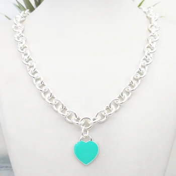 

Ladies S925 Sterling Silver Classic Cyan Pink Heart-shaped Enamel O-chain Silver Necklace Jewelry Sweet Romantic Gift for Couple