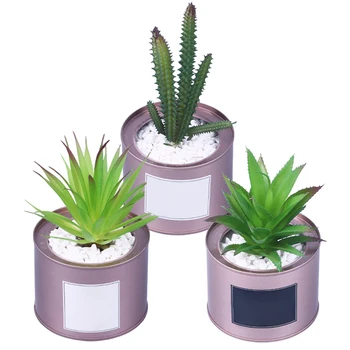 

3pcs Bookshelf Dormitory Landscape Bedroom Gift Potted With Iron Pot Cactus Succulent Kitchen Artificial Bonsai Mini Home Decor