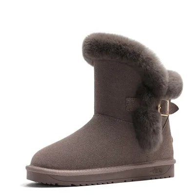 Классические женские зимние ботинки из натуральной воловьей кожи с пряжкой и ремешком; шерсть; женские замшевые ботильоны; теплая зимняя женская обувь с мехом - Цвет: Coffee high