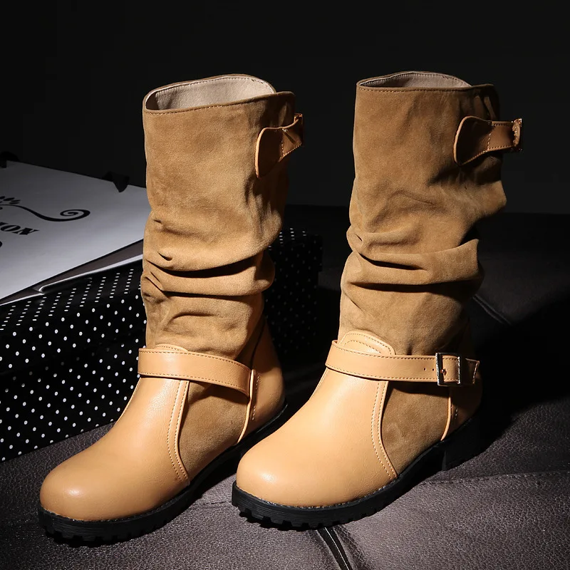 Botas mujer/женские сапоги до колена; винтажные сапоги для верховой езды из искусственной кожи на низком каблуке; женская обувь без застежки на платформе; большие размеры; chaussures
