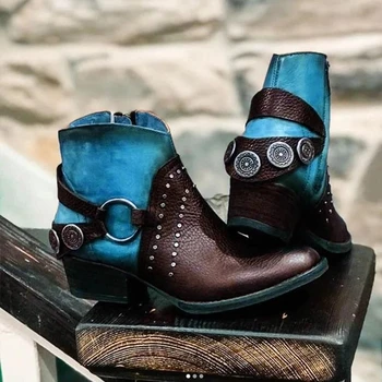 

Winter Fashion Women Boots Mixed Color Round Toe Western Boots Ladies Casual Outdoor Zipper Ankle Boots Retro Pu Leather Boots