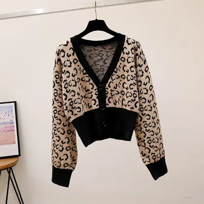 Женские вязаные свитера, Модный корейский стиль, лоскутные леопардовые Короткие повседневные кардиганы, осенне-зимний ретро свитер, куртка - Цвет: khaki