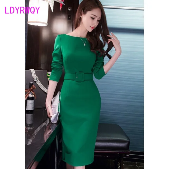 LDYRWQY Dresses for fall/winter new style purple long-sleeved temperament ladies slim bag hip women Office Lady 6