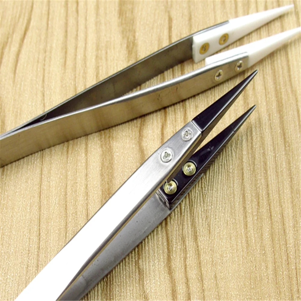 NICEYARD Precision Ceramic Tips Tweezers Anti-static Straight Aimed Tweezers Stainless Steel Handle High Temperature Resistant