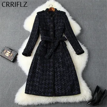 

Winter Women Woolen Coat Tweed Beaded Single-breasted Lace-up Waist Coat With Fashion Style X-Long Warm Woolen Coat Office Lady