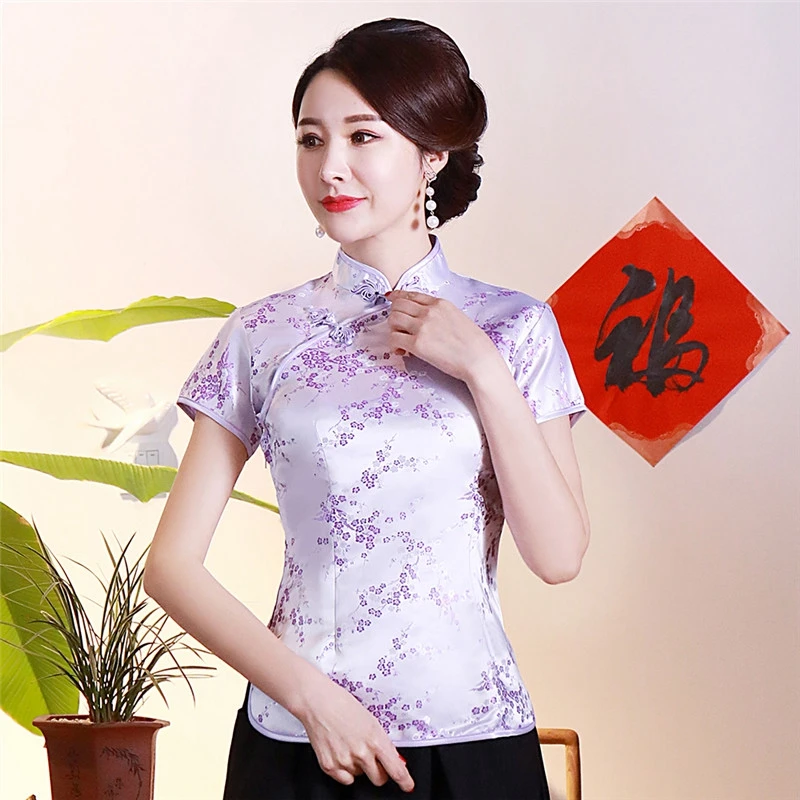4XL Vintage Flower Women Chinese Traditional Satin Blouse Summer Sexy Shirt Dragon Clothing chinese dress