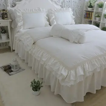 

Top luxury bedding set queen size embroidery ruffle lace duvet cover creamy-white bedspread princess bed beige pillowcase