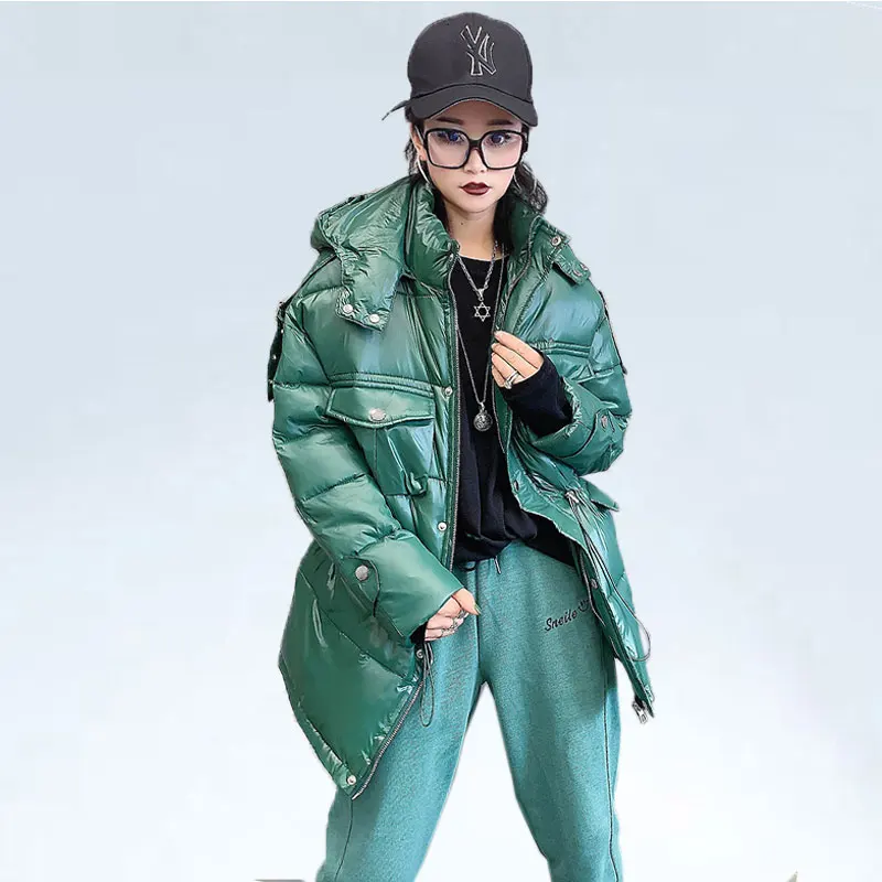 

cazadoras mujer invierno Winter Coat Women Thick Hood Jacket Metallic Color Padded Coat Femme Down Jacket Parka Adjustable waist