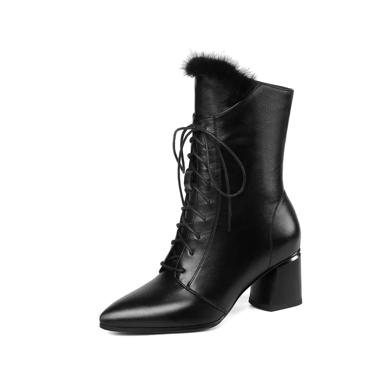 FEDONAS/Элегантные женские зимние сапоги до середины икры на выпускной теплые ботинки «Челси» из натуральной кожи на высоком каблуке Женская танцевальная обувь с перекрестной шнуровкой