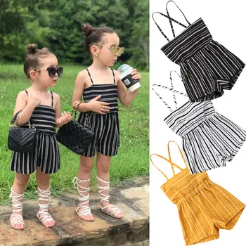 

New Fashion Summer Toddler Kids Baby Girls Sling Stripped Rompers Jumpsuits Playsuit Shorts