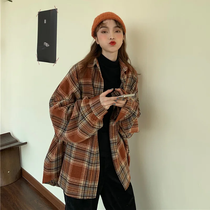 

Autumn And Winter Korean-style 2019 New Style Loose-Fit Versatile Mid-length Single Breasted Wool Plaid Long-sleeved Shirt Coat