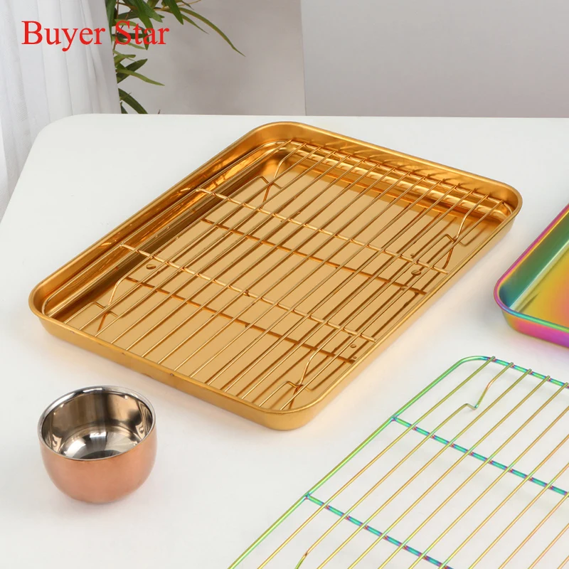 1/2PCS Golden Stainless Steel Storage Tray Square Food Display Plate With Cooling Rack Baking Oil Drain Oven Tray BBQ Tool