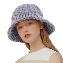 

New Winter Knit Bucket Hat Soild Color Cable Knitted Fishman Cap Unisex Cloche Hat Flat Foldable Cap Keep Warm Casual Hat