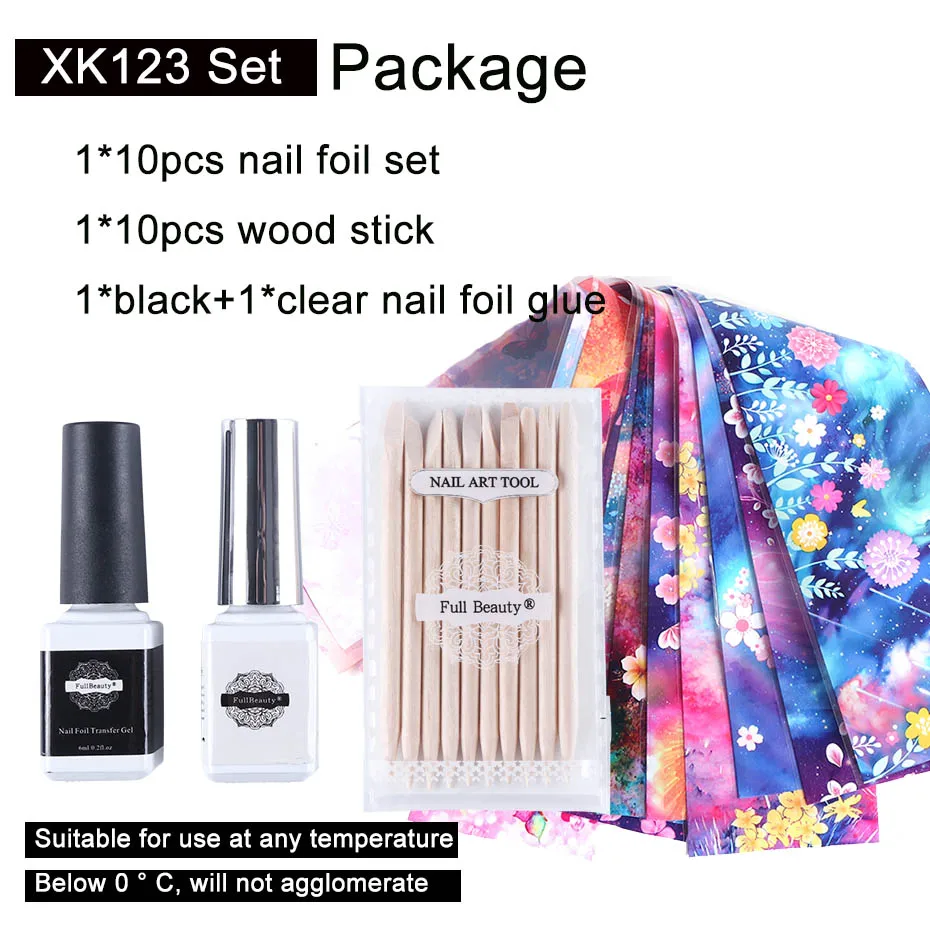 XK123 Set Набор для маникюра с изображением цветов и бабочек, гель-фольга для ногтей, набор для лака, клея, слайдеры, толкатель, деревянная палочка, инструмент для дизайна ногтей, JIXK123-1 - Цвет: XK123 Set