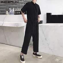 INCERUN уличный повседневный мужской однотонный комбинезон с коротким рукавом в Корейском стиле, удобные мешковатые брюки карго, мужские элегантные комбинезоны