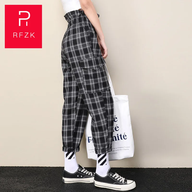 Rfzk Harajuku клетчатые штаны для женщин брюки уличная одежда женские шаровары весна и осень женские повседневные брюки размера плюс