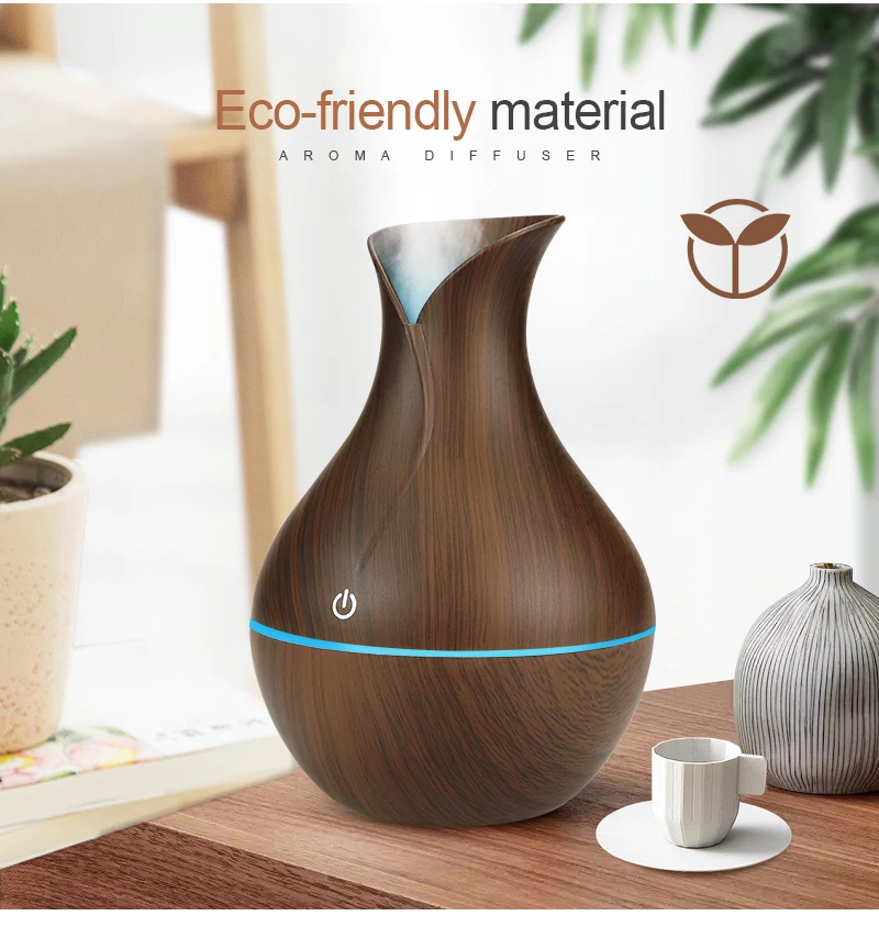 

Air atomized essential oil aroma diffuser super air humidifier with wood grain 7 color LED lights for home office diffuseur hui