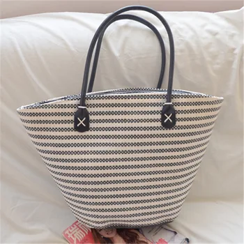 

Vintage Summer Beach Bag French Style Straw Bag Women Striped Tote Woven Hollow Out Handbags Elegant Crossbody Handbags