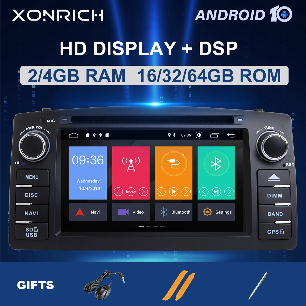 Автомобильный DVD-плеер 4 ГБ 64 8 ядер 2 Din Android 10 для Toyota Corolla E120 2000-2006 мультимедийное