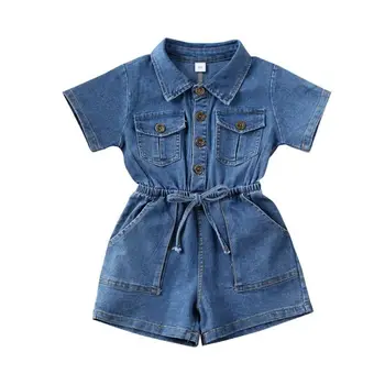 

Toddler Kids Baby Girl Denim Romper Turn Down Collar Short Sleeve Jumpsuit Playsuit Outfit Clothes Spring Summer