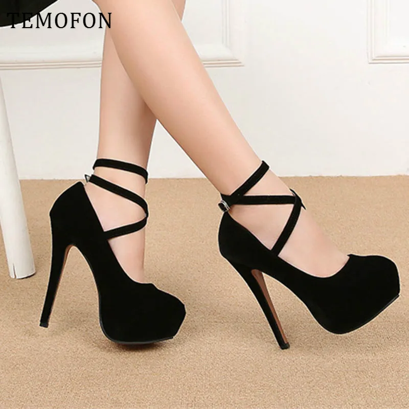 TEMOFON platform heels shoes women high heel sandals ankle strap pumps Wedding Shoes flock suede ladies big size HVT715 | Обувь