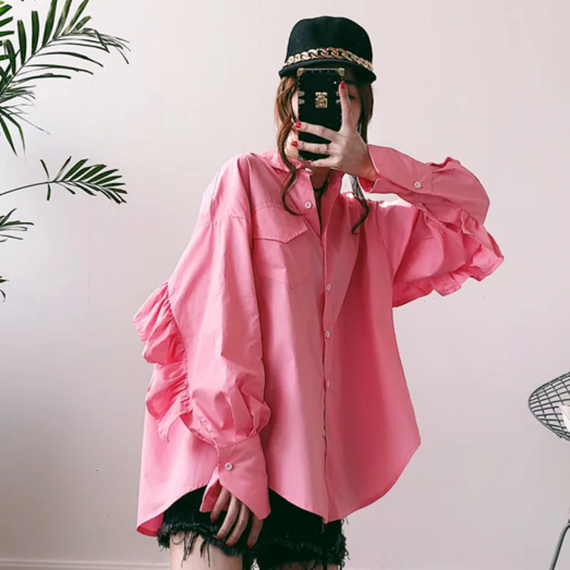 pink Корейская Осенняя Новинка, Корейская повседневная женская рубашка средней длины с рукавом-бабочкой и отложным воротником с оборками J322 - Цвет: pink