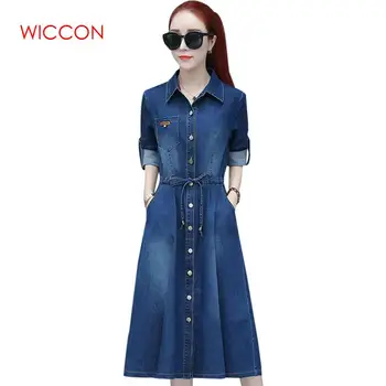 

2020 New Denim Dress Women's Autumn Fashion High Waist Long Sleeves A-Line Solid Casual Sashes Clothing