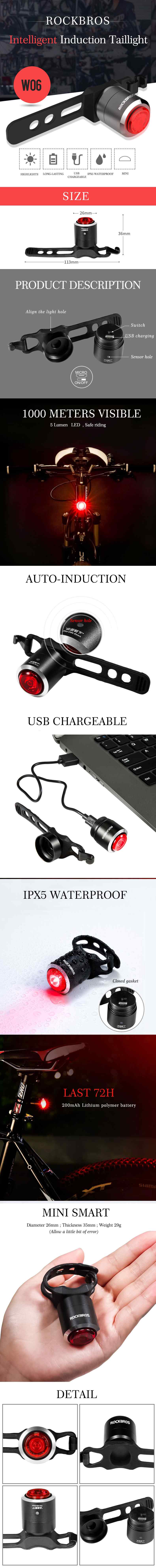 Flash Deal ROCKBROS Bicycle Saddle Rear Light Waterproof Intelligent USB Rechargeable Red Warning Taillight LED Bike Light 4