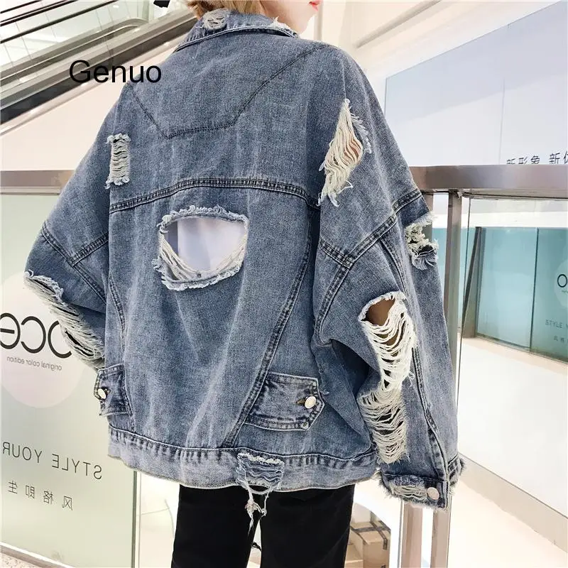 Autumn Spring Korean Women Hole Denim Jacket 2019 Loose Frayed Denim Bomber Jacket Where Is My Mind Blue Coat Female Outerwear women basic coats spring autumn women denim jacket winter loose denim jacket female jeans coat casual girls outwear laides xnxee