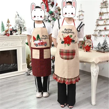 

Merry Christmas Children Gifts Cotton Linen Bib Kitchen Cooking Accessory Home Tools Santa Claus Pattern Adult Apron Navidad